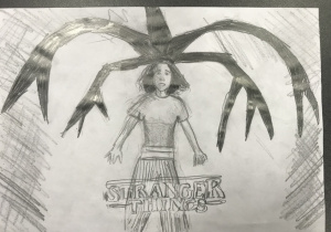 Kadr z filmu: „The Stranger Things”. Akcentem plastycznym w kompozycji jest męska postać. W tle, za postacią znajdują się macki potwora. Praca wykonana ołówkiem.